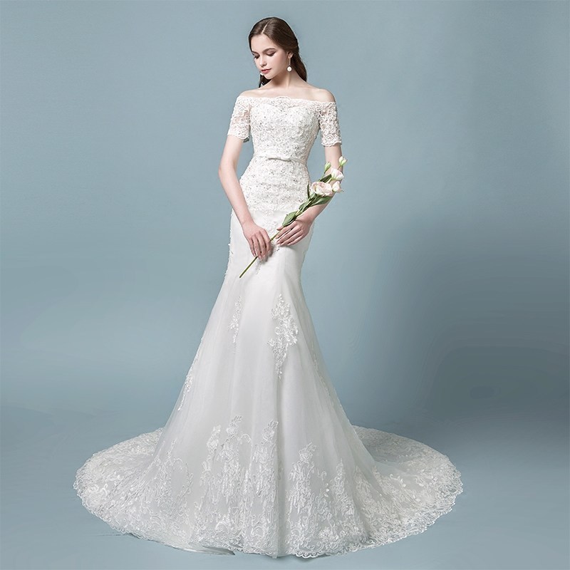 Gaun pengantin Mermaid Lengan pendek Ekor Panjang Putih Gaun pesta Fishtail