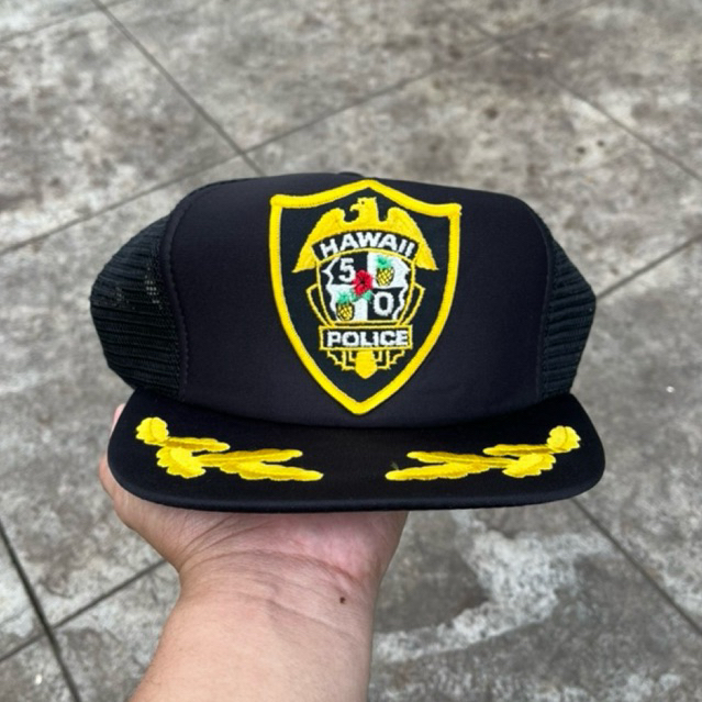 Vintage 80s Hawaii Police Five-O 50 Crest Gold Leaf Adjustable Hat Trucker Cap