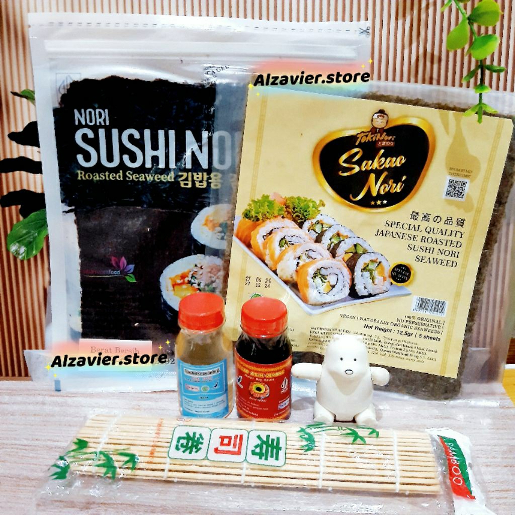 

Paket Bahan Sushi Tipe 5 Halal Nori Cuka Bambu Shoyu dan Jahe jepang promo sale