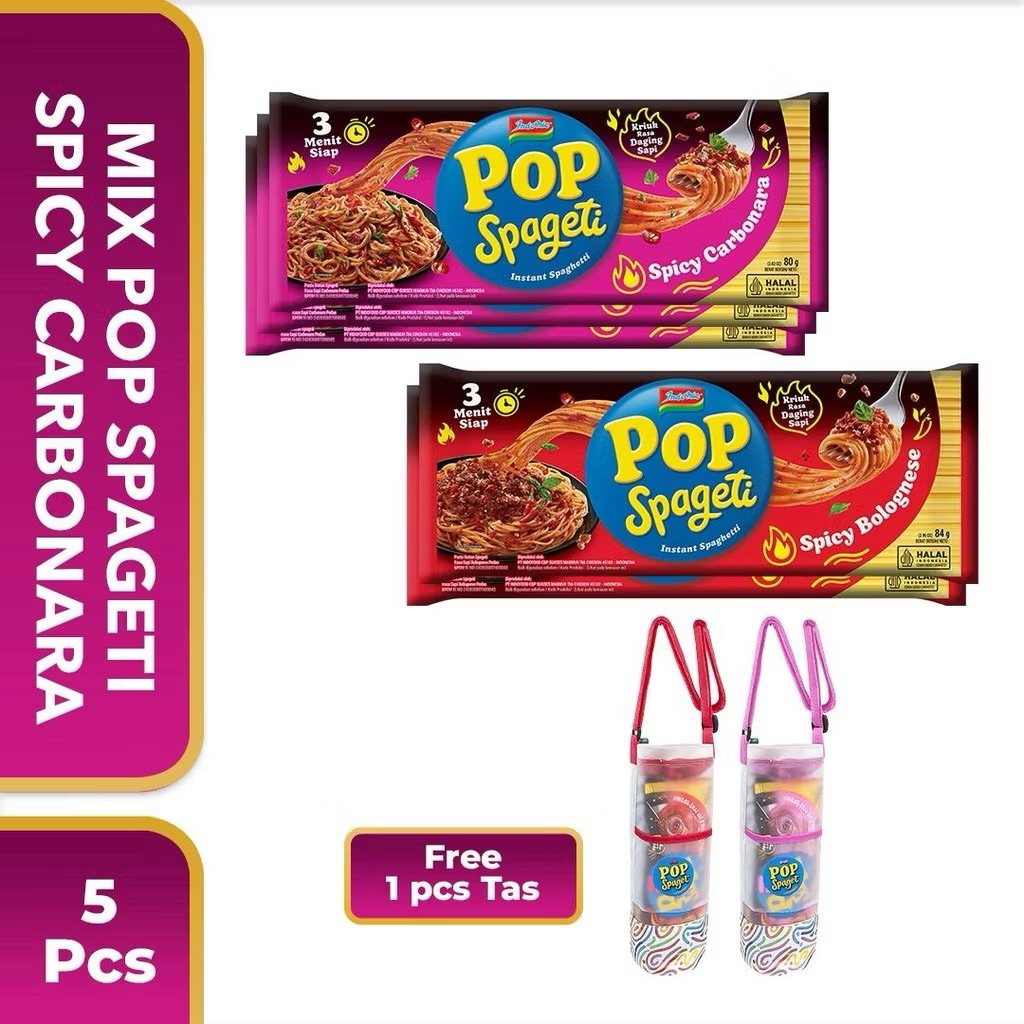 

5 PCS - Mix Pop Spageti Spicy Carbonara & Bolognese (Free 1pcs Tas Tumbler - Warna Random)