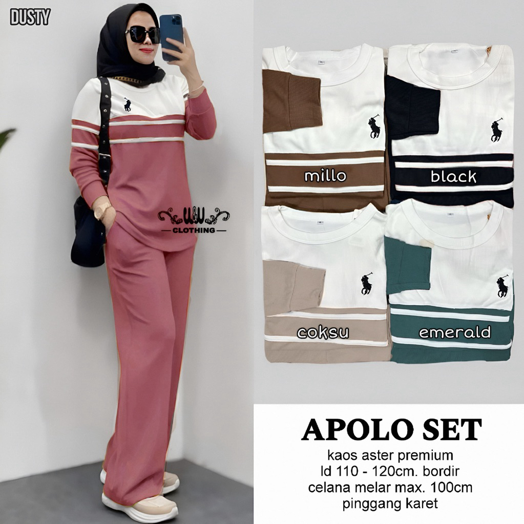 APOLO Set Baju Wanita Kaos Aster Premium – Motif Garis Sporty, Bordir Elegan