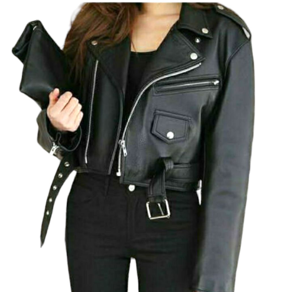 Jaket Wanita Crop Semi Kulit – Model Korea Kekinian | Warna Hitam Pink Coklat