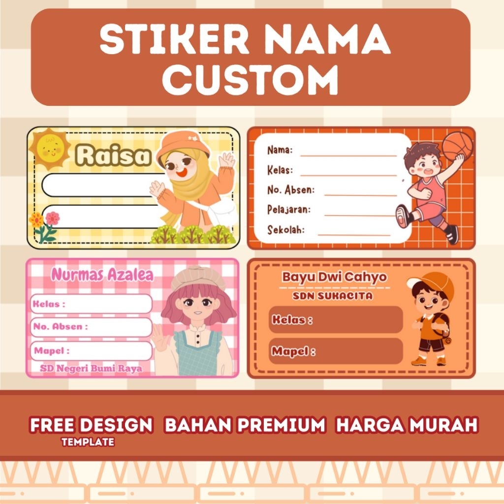 

(Dapat 10 PCS) Stiker Nama Anak Custom Desain Lucu – Cocok untuk Label Buku, Botol, Alat Tulis, Bisa Tambah Nama, Kelas, Sekolah, dan Pelajaran – Desain Karakter Imut, Warna Cerah, Bahan Premium, Gratis Desain, Banyak Pilihan Template, Anti Luntur & Awet