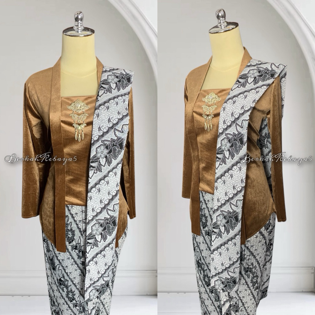 Setelan Kebaya Kutu Baru Bludru Warna Caramel / Kebaya + Selendang + Jarik Wiru Plisket