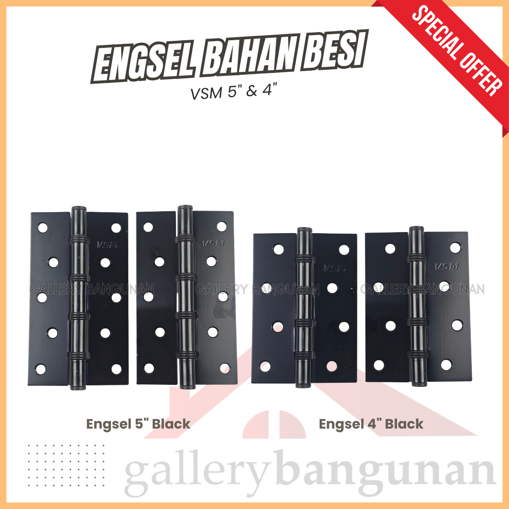 VSM Engsel Besi Hitam 5" 4" dan 3" Bahan Berkualitas Lubang 5 4 3 untuk Pintu Jendela Rumah Depan Ut
