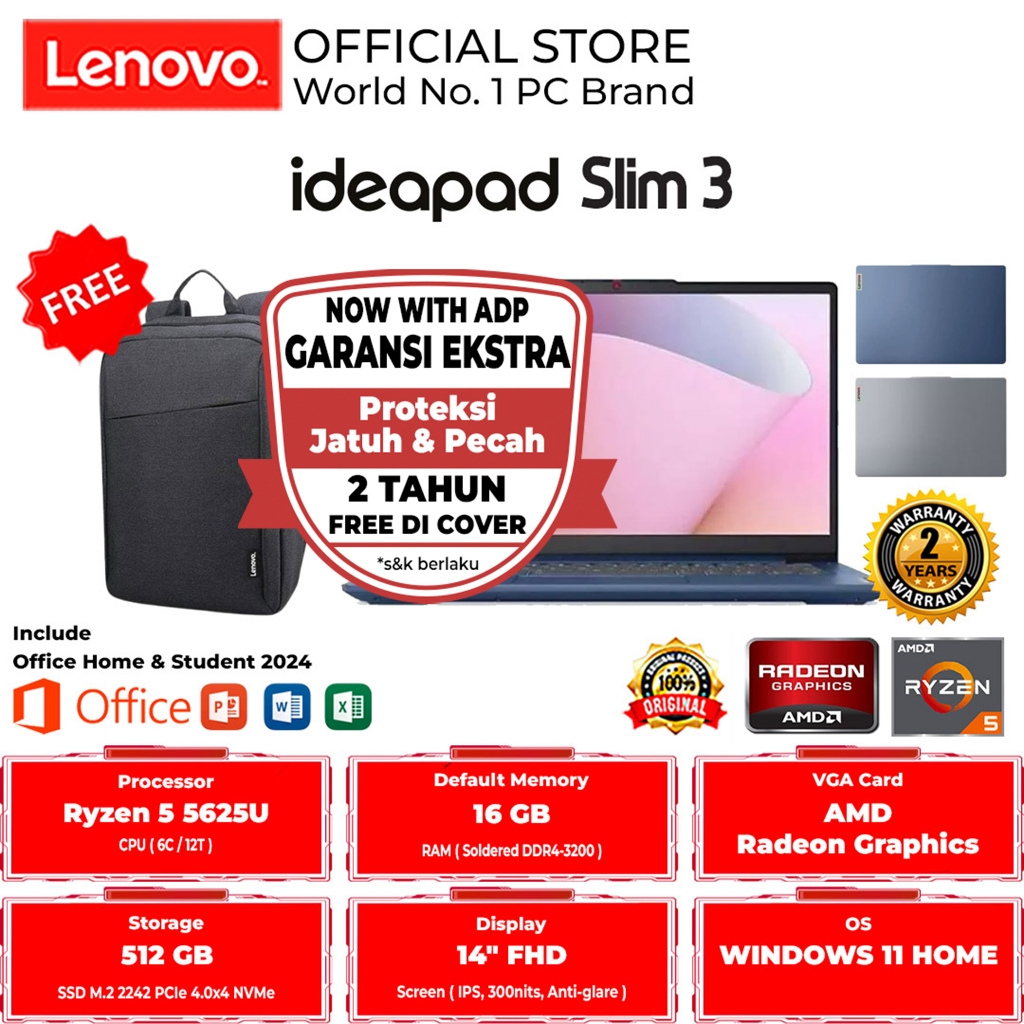 LENOVO IDEAPAD SLIM 3 14ABR8 8YID 90ID 9YID 1AID AMD RYZEN 5-5625U 16GB 512GB WIN 11 HOME + OFFICE H