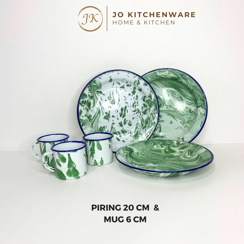 SET 6 PCS Piring Mug Enamel Motif Blirik Hijau / Enamel Jadul Vintage