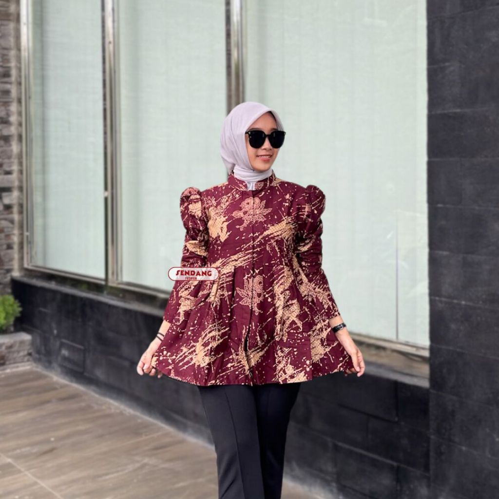 SENDANG FASHION Blouse Batik Wanita Modern Lengan Puff Motif Aruna Merah Maroon Lengan Panjang Bahan