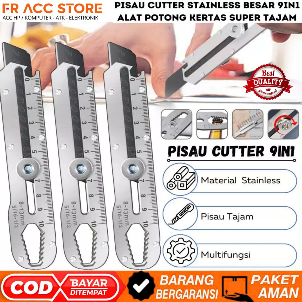 

Pisau Cutter Stainless Besar 9in1 Super Tajam Tahan Karat / Penggaris Screw Buka Kaleng Tutup Botol Baut Sekrup Mur Cuter Kater