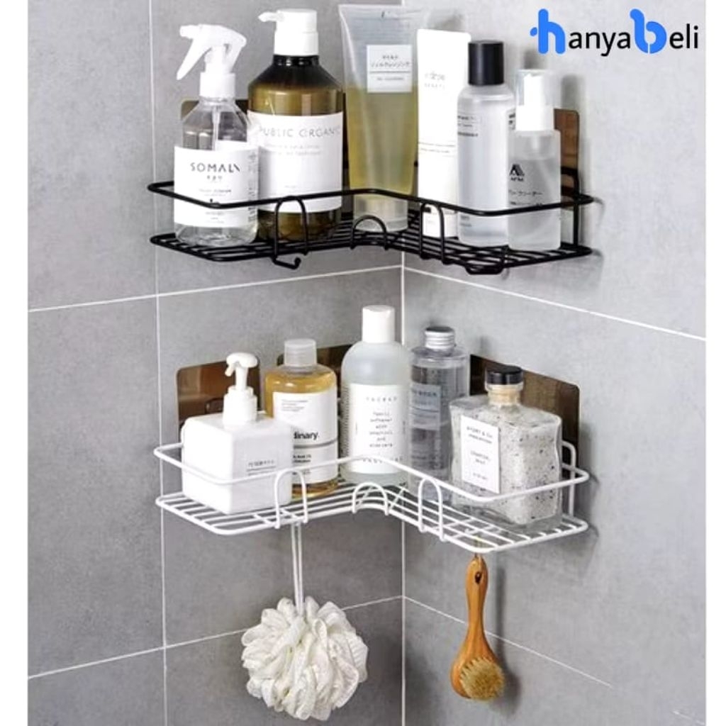 Rak Sudut Kamar Mandi Gantung Tempel Dinding Keramik Rak Dapur Besi Serbaguna Warna :HitamPutih