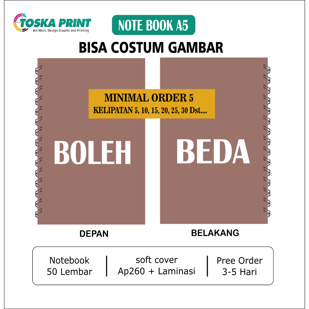 

Cetak Buku Notebook Custom A5 Isi 50 100 Lembar Note Notes Note book Murah