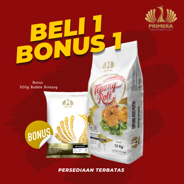 

(BELI 1 BONUS 1) PRIMERA PANKO - Tepung Roti warna Putih 10kg + Bonus Bubble Bintang 500g