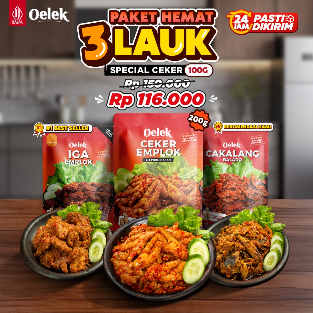 

Oelek Paket 3 Bebas Pilih Ceker Mercon Emplok Tanpa Tulang / Iga Emplok / Cakalang Balado / Cumi Cabe Ijo / Ayam Kecombrang / Cumi Jeletot