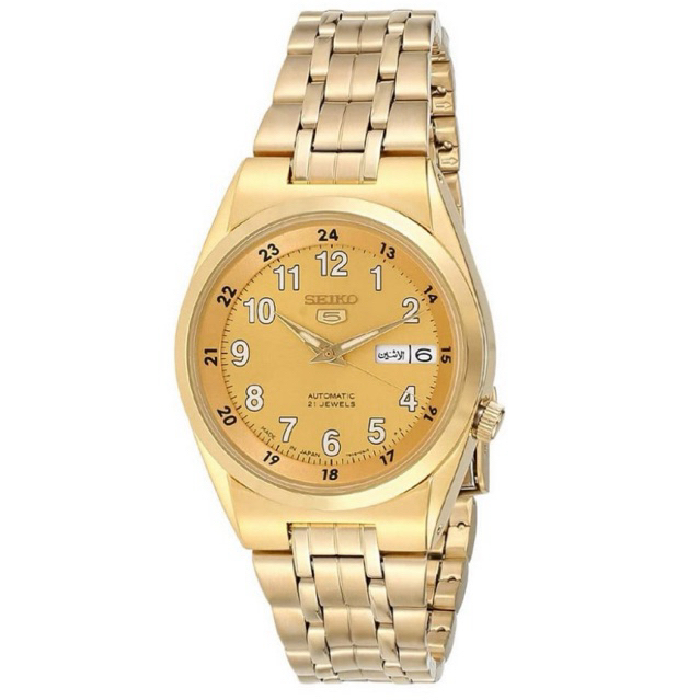 Jam Tangan Pria Seiko 5 SNKJ28K1 Automatic 21 Jewels Gold Dial Gold Stainless Steel Day Date Origina
