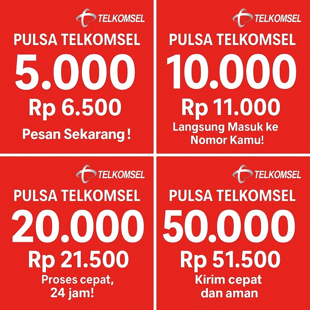 Pulsa Telkomsel 5.000 – Rp 6.5002. Pulsa Telkomsel 10.000 – Rp 11.000 Pulsa Telkomsel 20.000 – Rp 21
