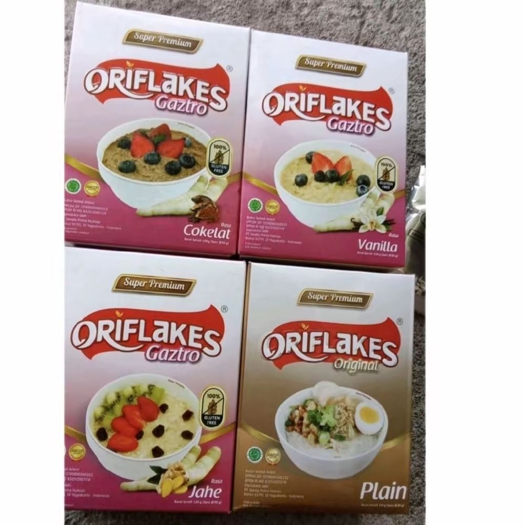 

ORIFLAKES KEMASAN SUPER PREMIUM BUBUR SEREAL GARUT NETTO 150 GR RASA COKELAT | JAHE |ORIGINAL PLAIN |GASTRO VANILA muraah