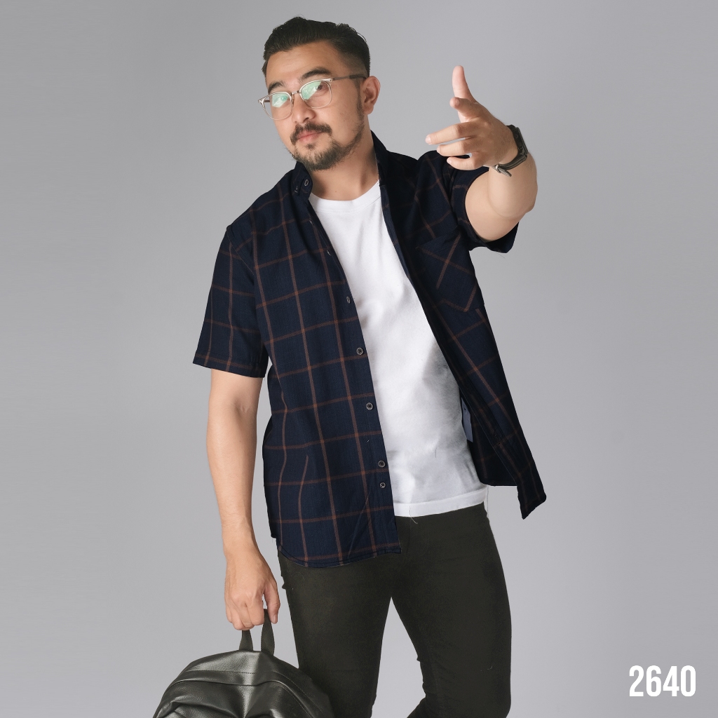 PAKAJI Kemeja Pria Flanel Pendek Premium Kotak-kotak Besar Flanel Biru Navy Garis Coklat 2640