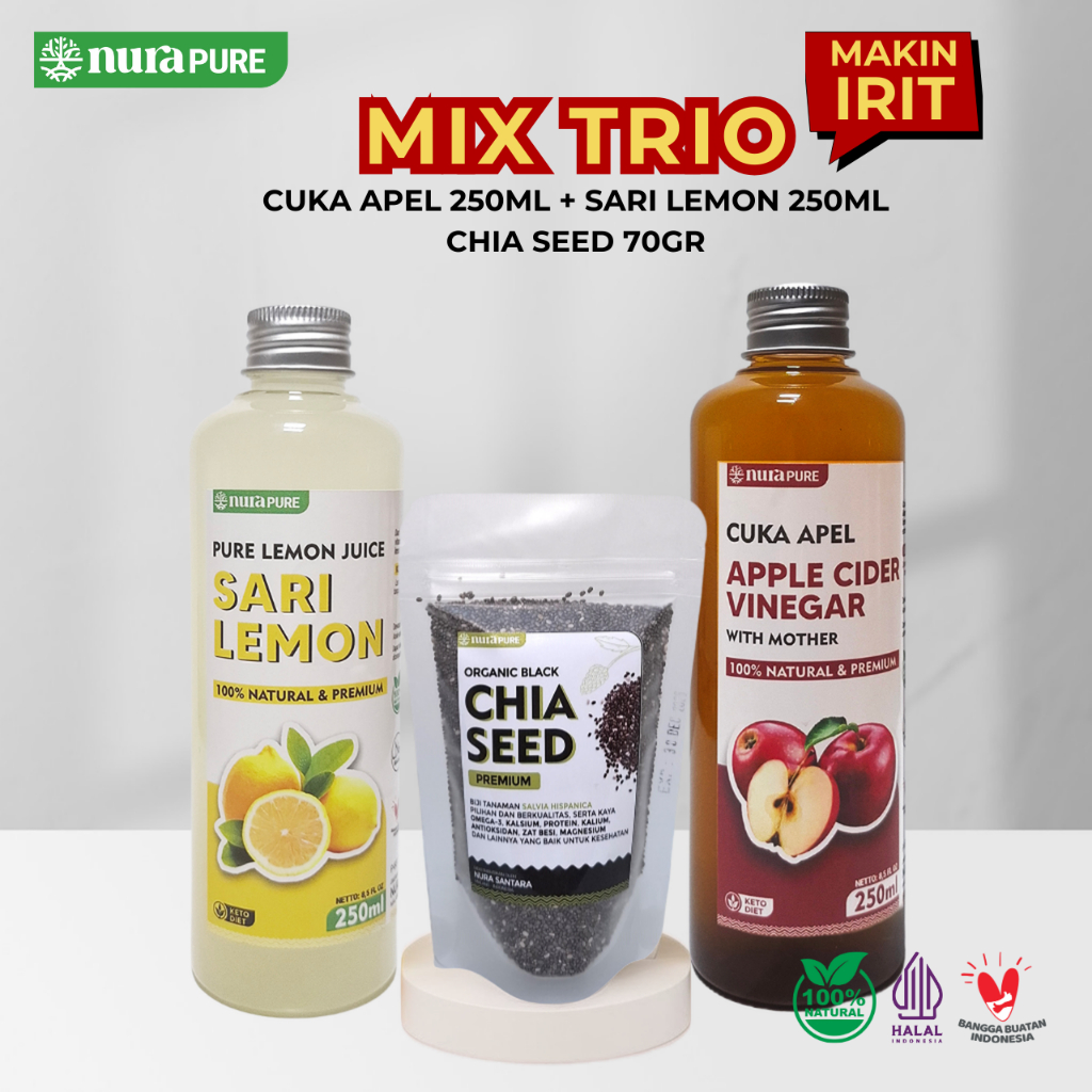 

NuraPure Cuka Apel Sari Lemon Chia Seed 250ml - Paket Mix Trio Irit - Minuman Diet Detox