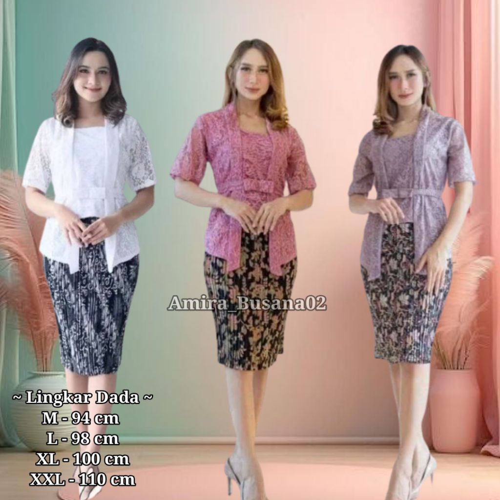 Set Kebaya Brokat Nadira Lengan Pendek Mix Rok Plisket Pendek Atasan Kebaya Brokat Modern