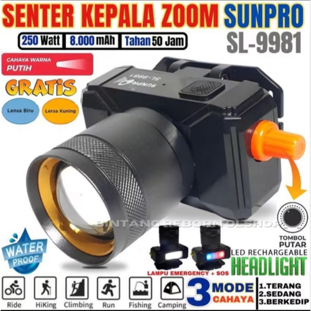 COD sunpro sl-9981 senter kepala zoom 250watt cahaya putih dan kuning tahan 50jam sorot jarak jauh p