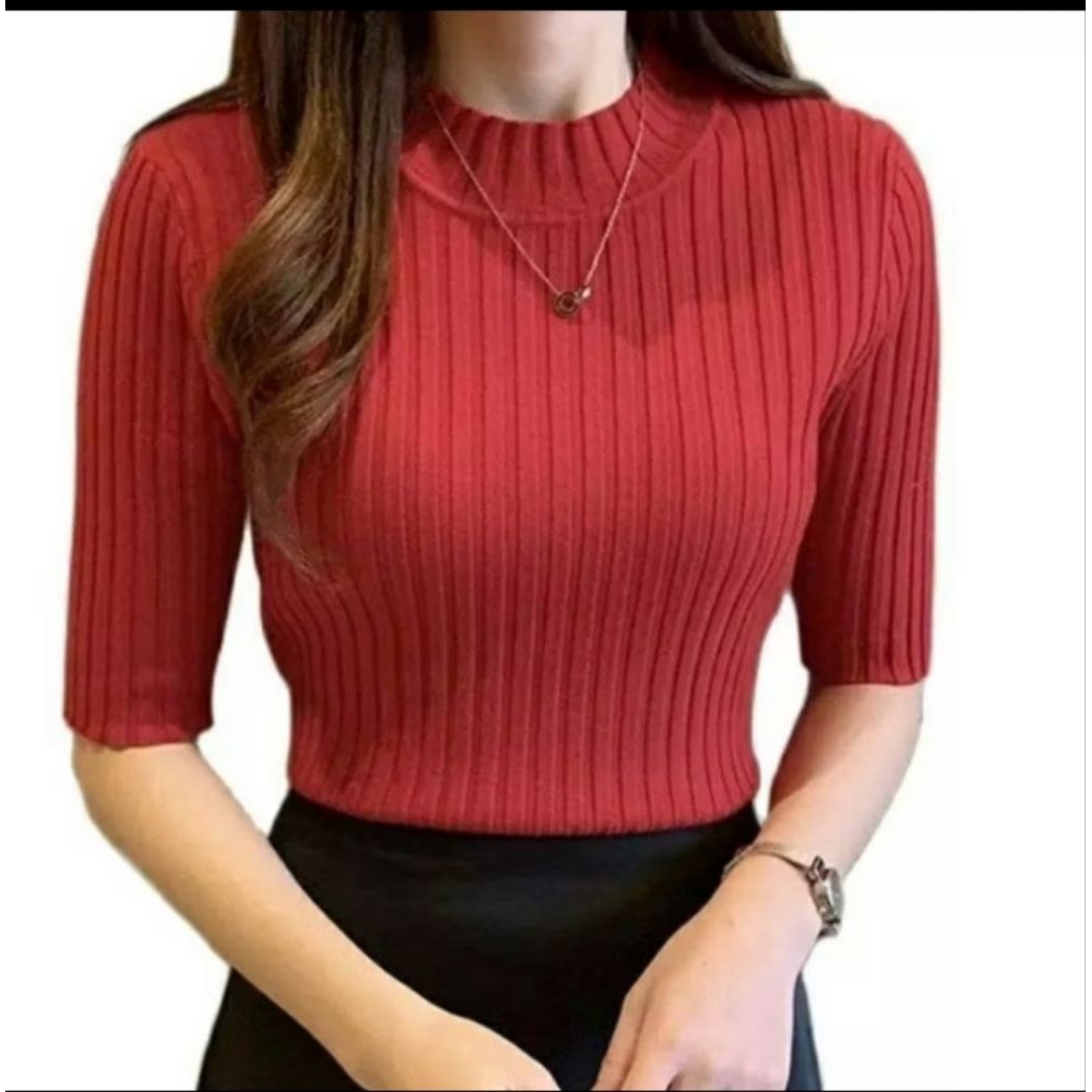 MIDI TURTLE NECK BAJU RAJUT LENGAN PENDEK 3/4