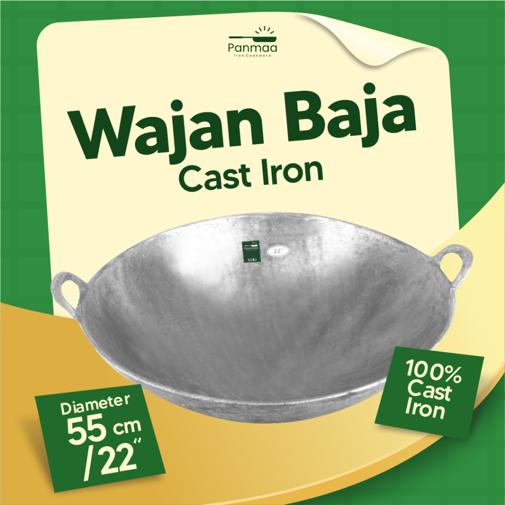 Wajan baja cor 22” (55cm) tebal anti lengket / kuali besi cor/ Wok cast iron / wajan penggorengan