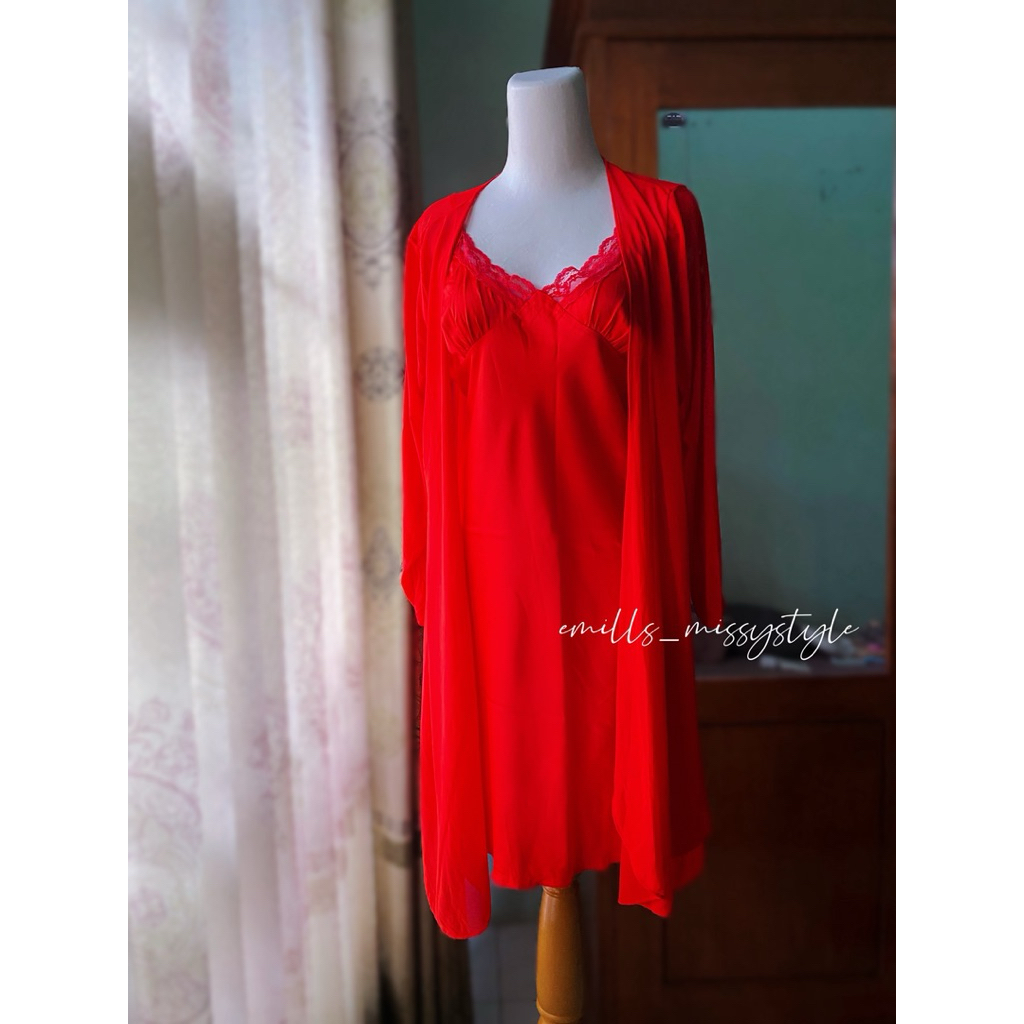 set lingerie dan kimono merah bahan sutra + lingerie warna lemon