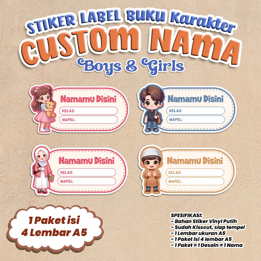 

STIKER LABEL BUKU KARAKTER BOYS & GIRLS - BISA CUSTOM NAMA - Stiker 1 Paket isi 4 Lembar - Stiker Mata Pelajaran Buku Tulis Anak Custom Nama - Kode SBUK