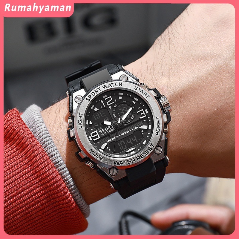 Jam Tangan Pria Digital&Analog Olahraga Multifungsi Tali Silikon Jam Tangan Cowok Unik Dan Keren Mew