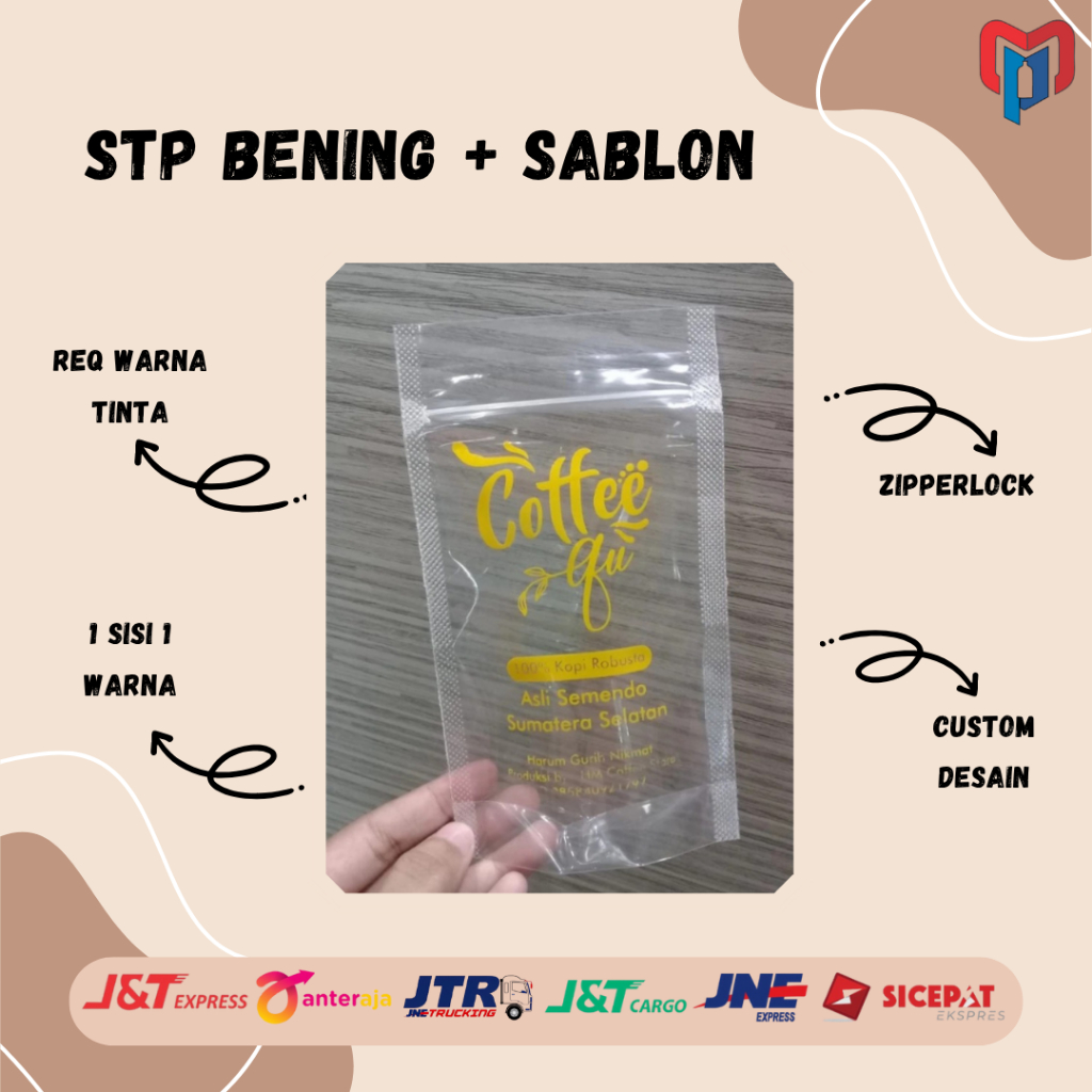 PAKET KEMASAN STANDING POUCH PLASTIK + SABLON MERK CUSTOM DESAIN / 100 PCS