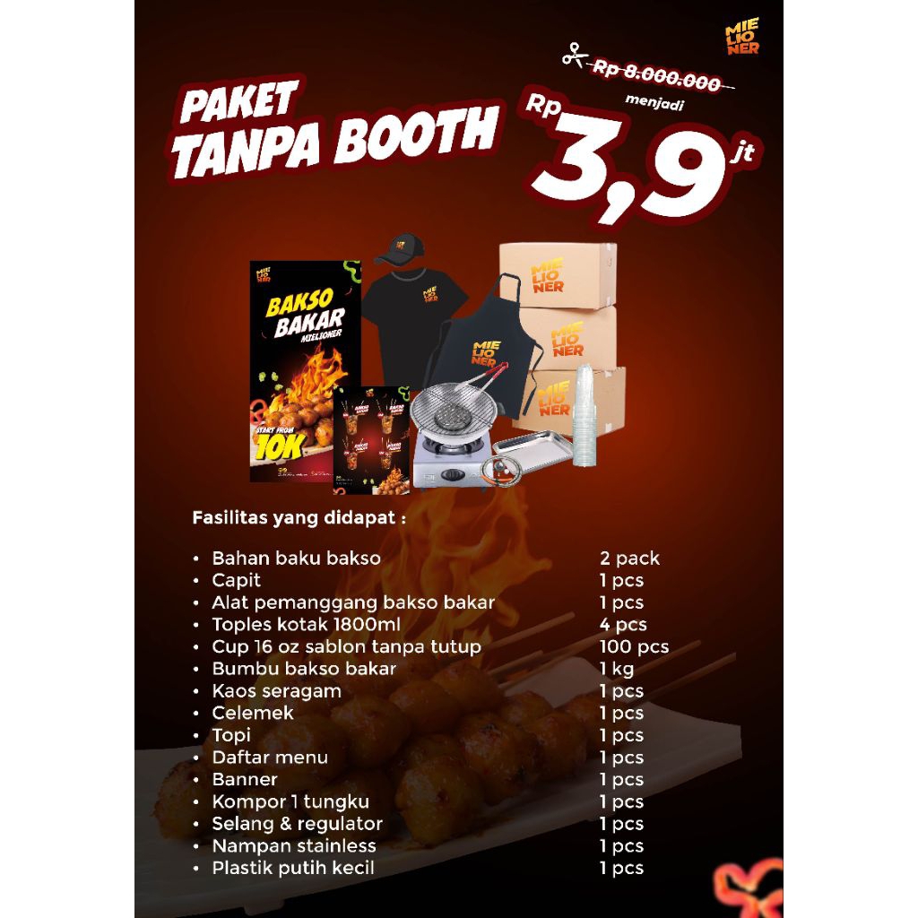 

Paket Tanpa Booth Bakso Bakar Celup Mielioner