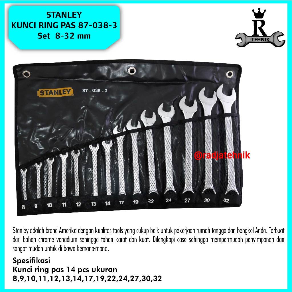 STANLEY  87-038-3 14 Pcs Combination Wrench Set   Kunci Ring Pas Set 8-32 mm  Alat Tukang Serbaguna