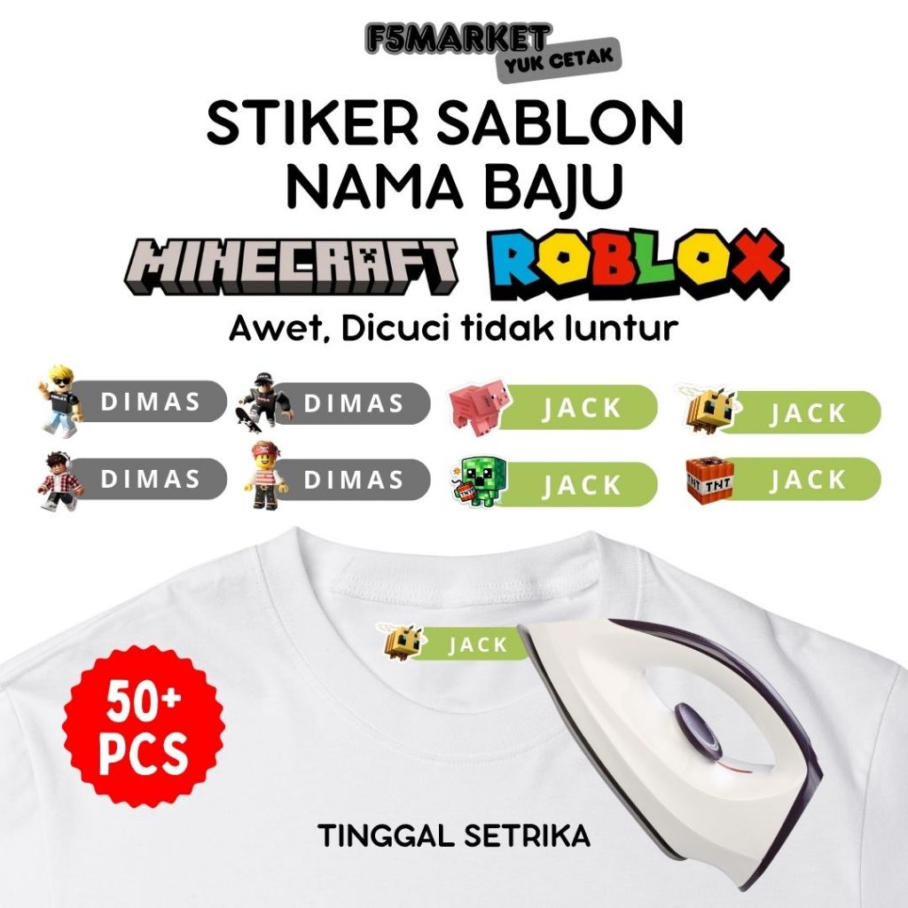 

Sablon Label Nama Baju Stiker Custom Nama Label Printing Kain / Kaos Sablon Setrika Tema Roblox Minecraft
