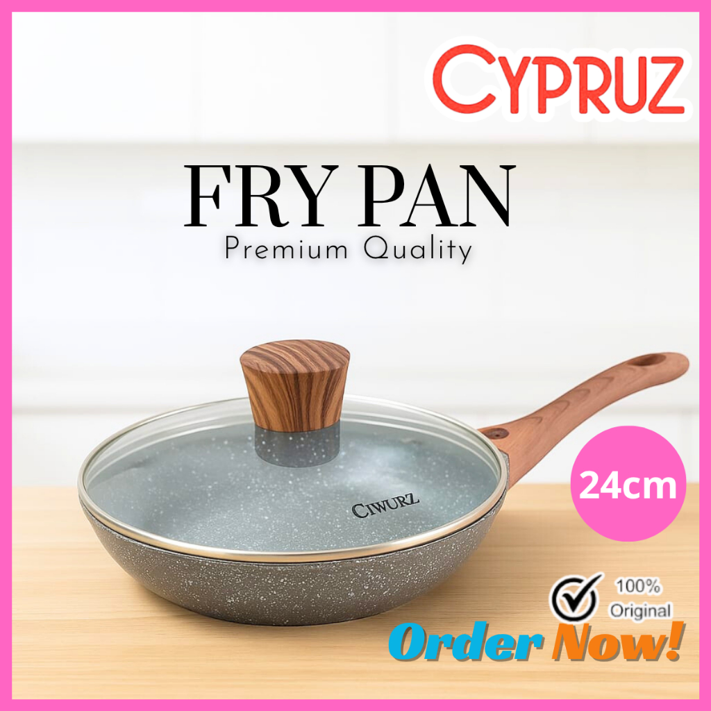 Cypruz fry pan marble 24 cm wajan penggorengan teflon anti lengket dengan tutup FP 0632