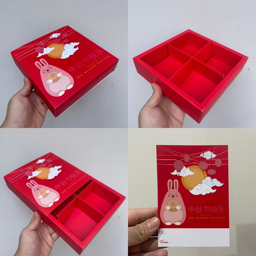 

(5 Pcs)Box Kue Bulan 100gr Kotak Mooncake Sekat 4 Dus Mid Autumn Festival Motif Rabbit