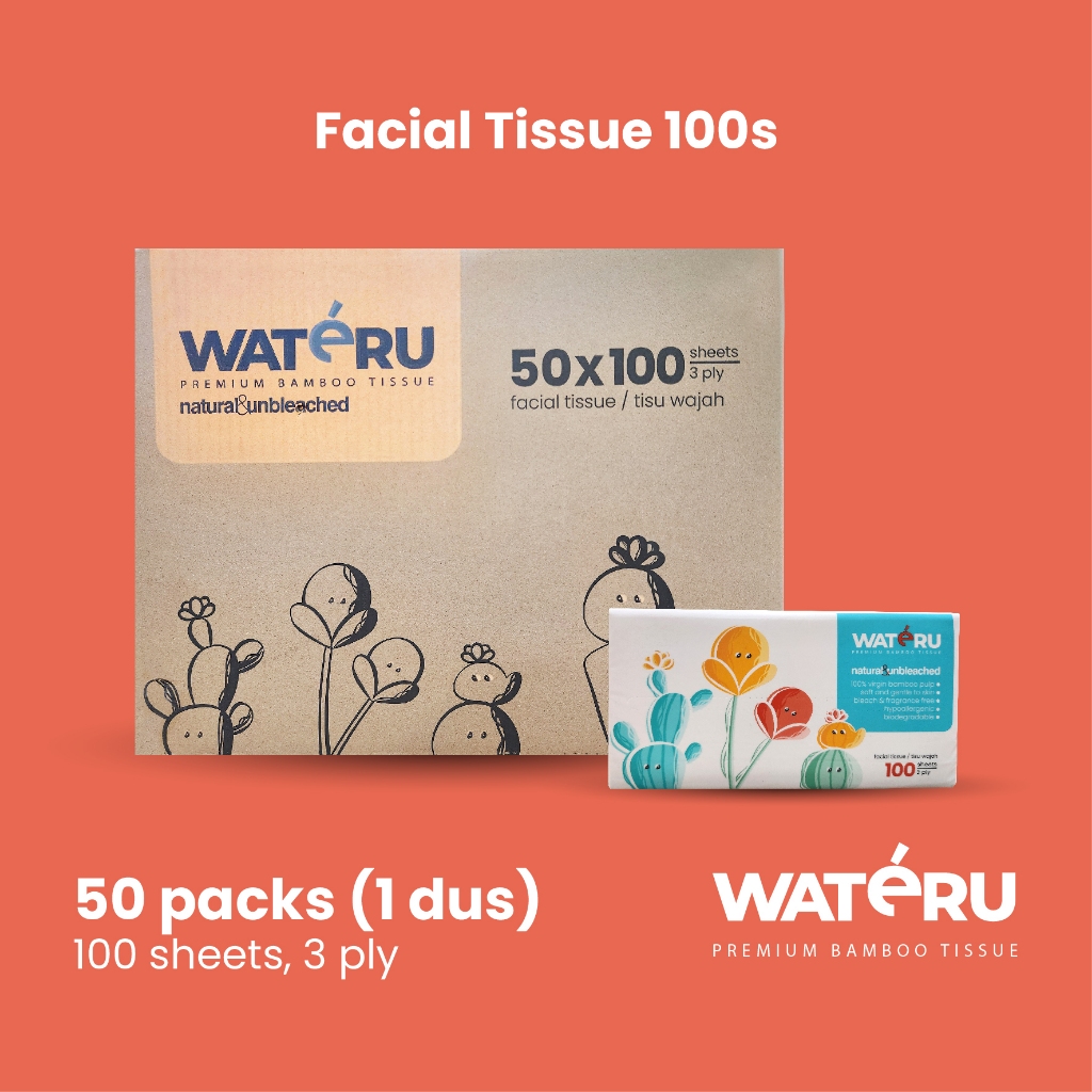 Wateru Facial Tissue 100s, 50 packs, 100 sheets, 3 ply | Natural & Unbleached | Wateru Premium Bambo