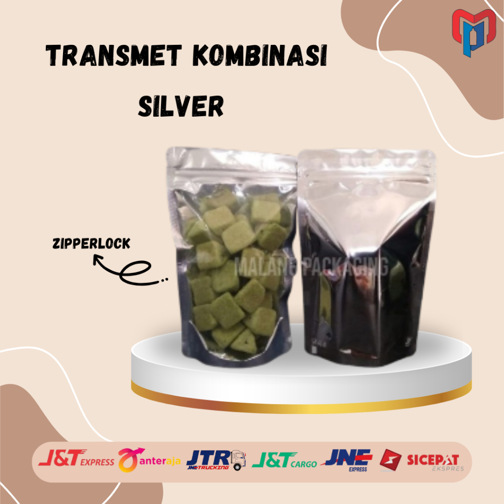 KPACK STANDING POUCH ALUMINIUM KOMBINASI SILVER 13 x 21/13x21 ZIPPER KLIP 250 GR