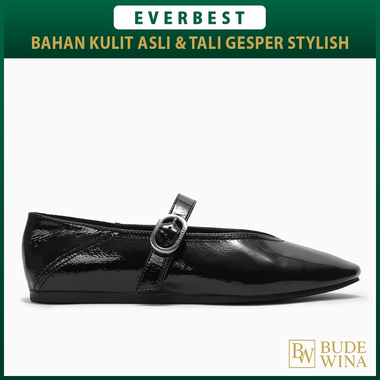 EVERBEST SEPATU FLAT SHOES WANITA ORIGINAL KULIT ASLI HITAM EW01