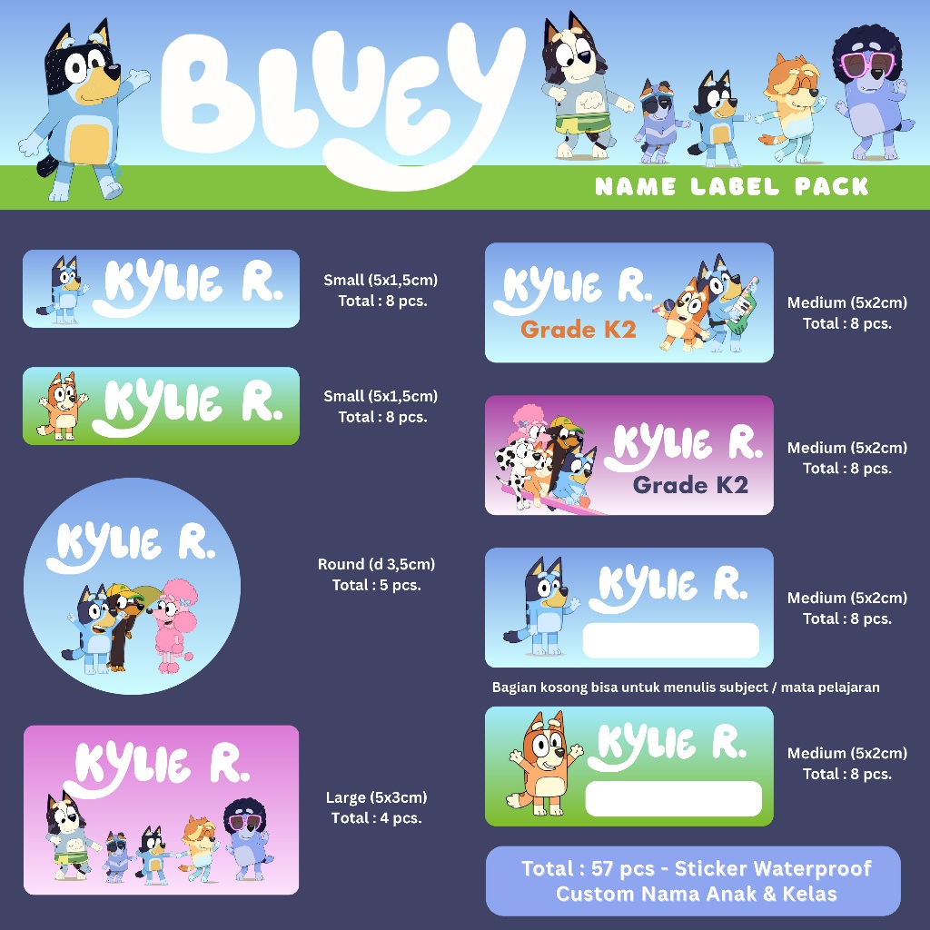 

Sticker Stiker LABEL NAMA CUSTOM KELAS- 57 pcs WATERPROOF Tema Bluey Untuk Buku Sekolah