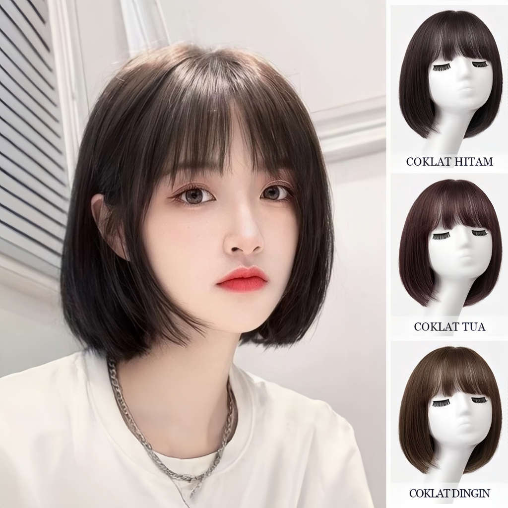 Wig wanita full kepala/Wig rambut pendek/wig rambut asli pendek//Wig pendek 35CMWig natural wanita/W