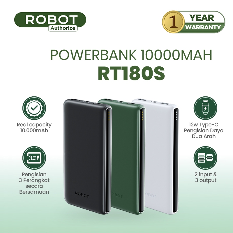 ROBOT Slim Powerbank 10000mAh 3 Output Dual Input Type-C 12W Powerbank Travel RT180S Original - Gara