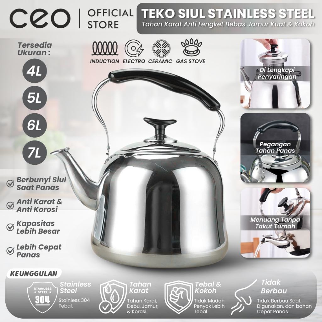 CEO Teko masak Air Berbunyi Siul Stainless Steel 304 Ceret Pemanas Anti Karat Whistling Kettle