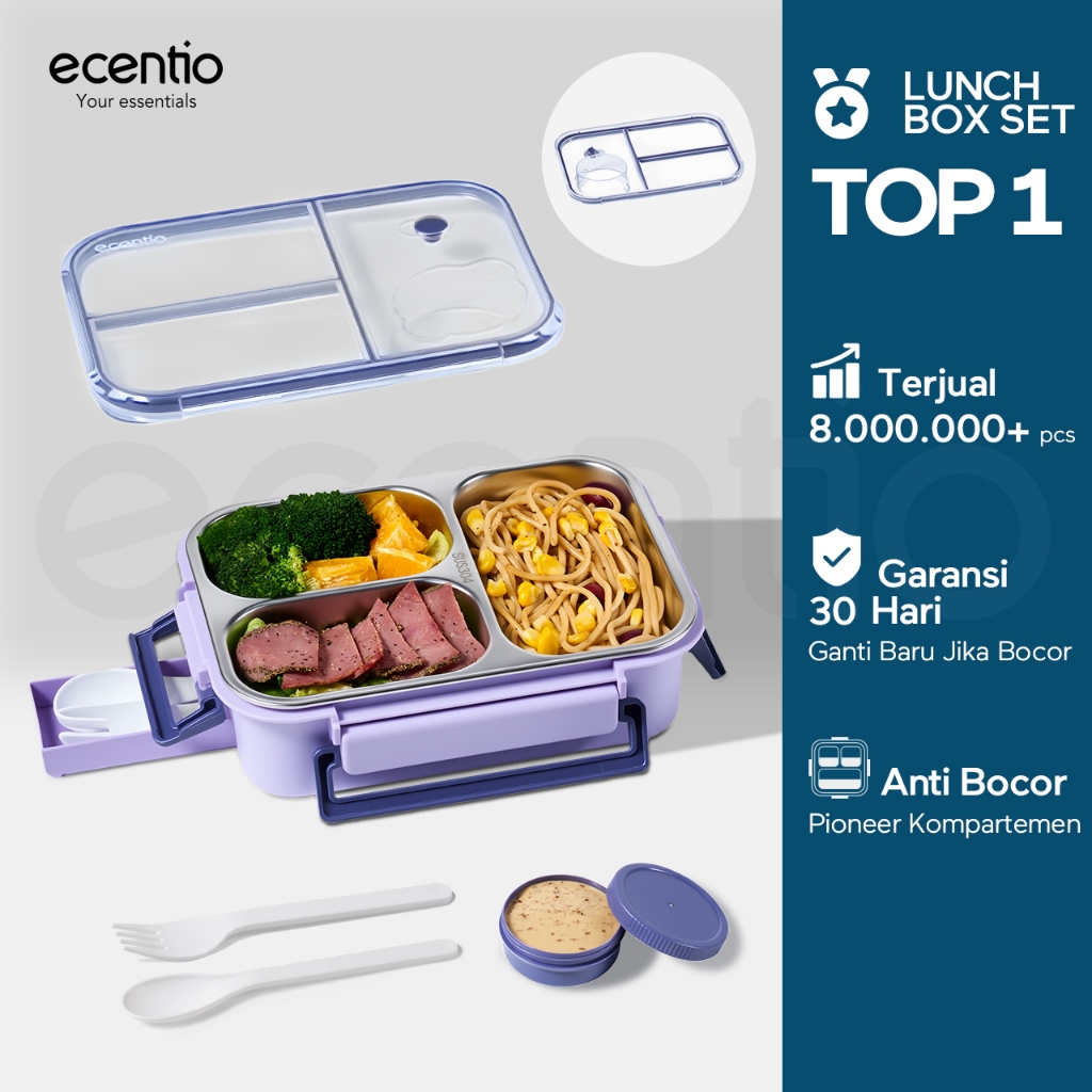 ecentio lunch box stainless anti tumpah 800ml ungu sekat 3 dengan sendok sumpit free kotak sauce kec