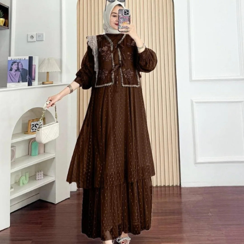 Sella Dress Tille Mix Brukat Full Puring Gamis Wanita Muslimah Terbaru 2025 Gamis Rompi Terpisah
