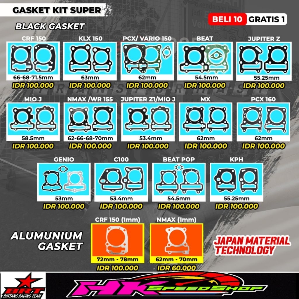 GASKET KIT BRT PAKING BLOK / HEAD JUPITER Z1 / MIO J / X RIDE 53.4mm 58.5mm BLACK GASKET BRT