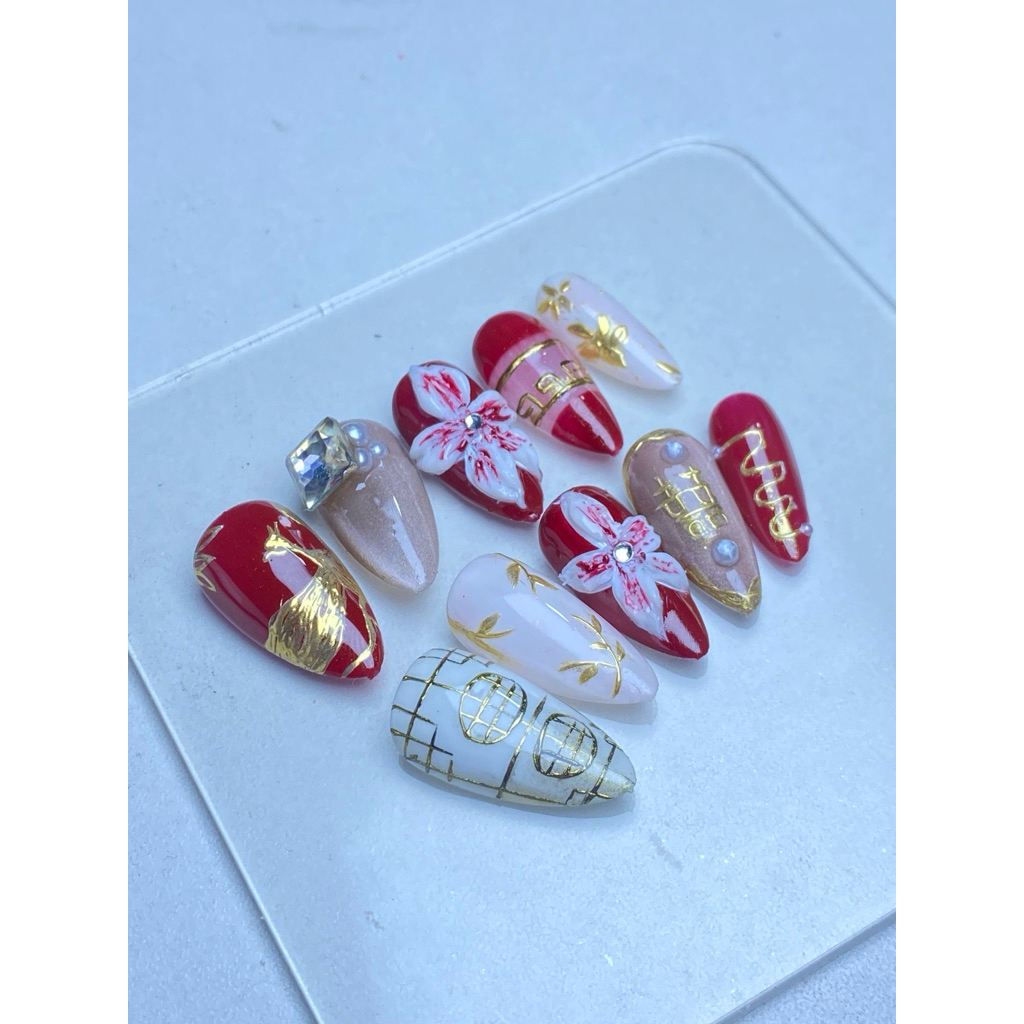 GLOSSE NAILS SANGJIT PRESS ON CUSTOME MERAH + CAT EYE + CHROME