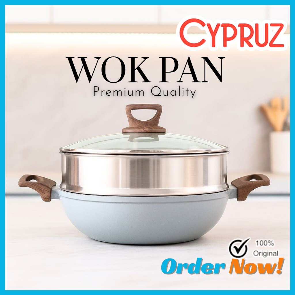 Cypruz Wok Pan 30 cm + Tutup Kaca Kuali Wajan Anti Lengket Dengan Steamer Hercules Series