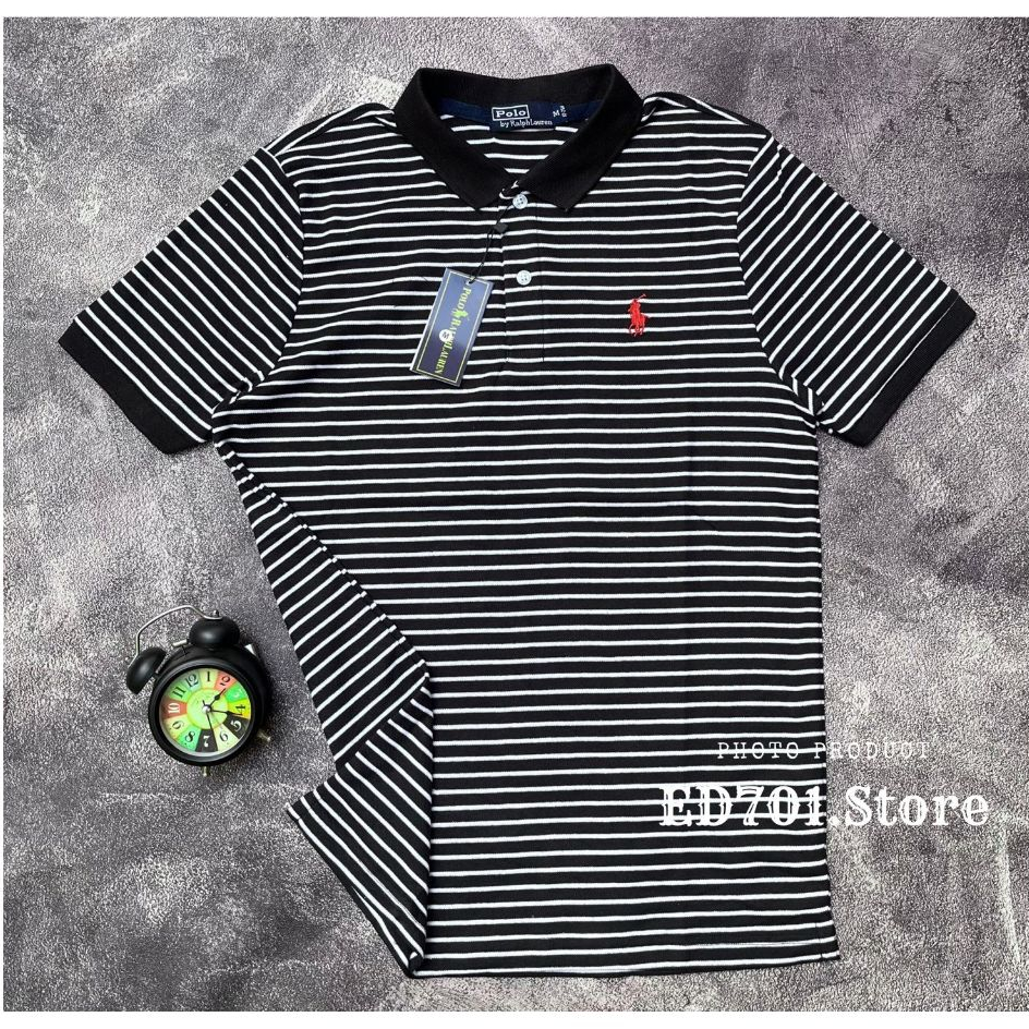 Kaos Kerah Salur Hitam Putih Pria Hight Quality Premium Import / Kaos Polo Garis-Garis Terbaru