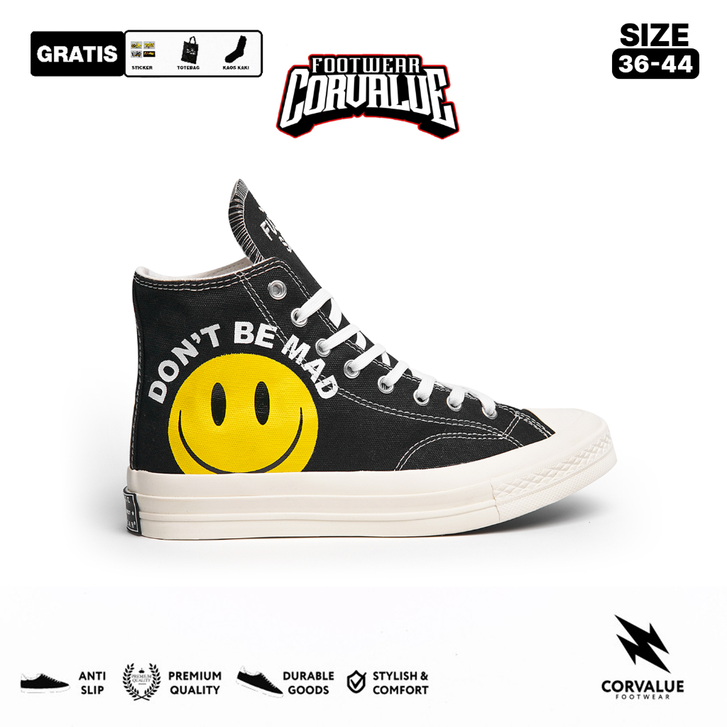 CORVALUE - Sneakers Corvalue Footwear Senyum Emot canvas Hitam putih tinggi Casual Shoes Pria