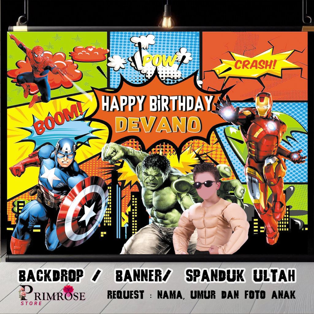 Spanduk ulang tahun anak avenger tema banner backdrop siperhero birthday
